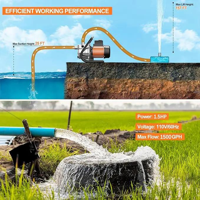 1.5 HP Portable Water Transfer Pump 1500 GPH Shallow Well Pump Garden Booster Sprinkler Pumps for Irrigation Lawn Farm Water Removal with Adapters, Orange by GreenHaven Gardens