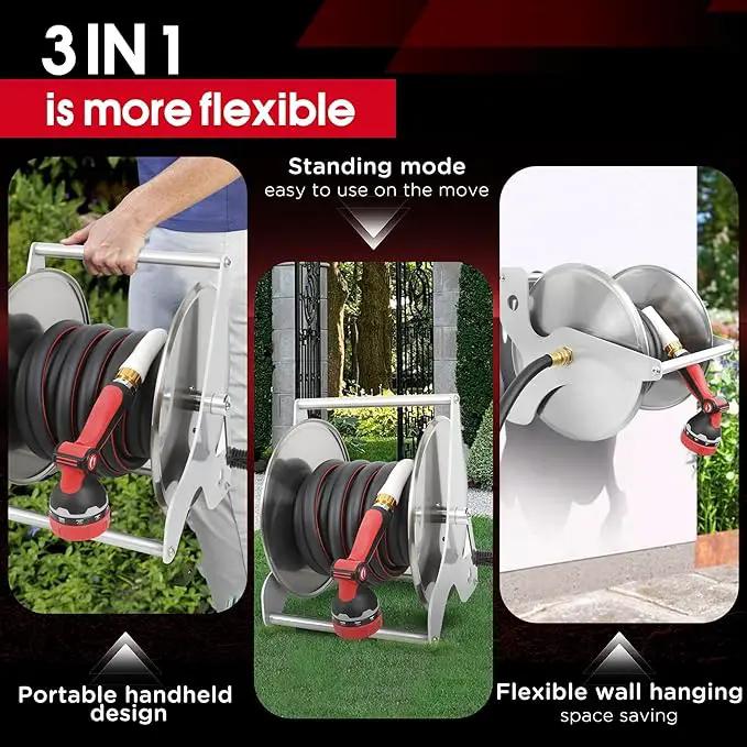 Stainless Steel Garden Hose Reel, Wall Mount or Floor Mounted with 3/4 Inch Brass Fittings Lead hose, 135 Ft Capacity with Crank Handle & portable hose reels for outside by GreenHaven Gardens