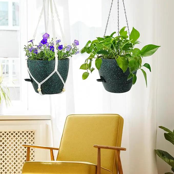 10 inch Self Watering Hanging Planters, 2 Pack Hanging Flower Pots for Indoor Outdoor Plants, Hanging Baskets with Drainage Holes & 2 Kinds of Plant Hangers for Home Decor, Speckled Black by GreenHaven Gardens