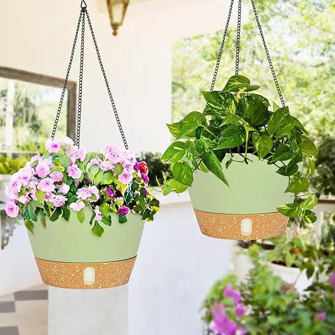 QCQHDU 2 Pack Hanging Planters for Indoor Outdoor Plants, 10 Inch Hanging Baskets Flower Pots with Reservoir Tray & Visible Water-Level by GreenHaven Gardens