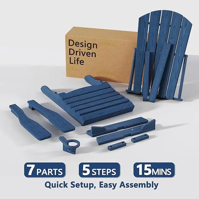 Folding Adirondack Chair Set of 2 with Cup Holder, HDPE All Weather Resistant Plastic Outdoor Patio Chairs, Heavy Duty Fire Pit Seating for Backyard Lawn Garden, Wooden Textured Design(Navy Blue) by GreenHaven Gardens