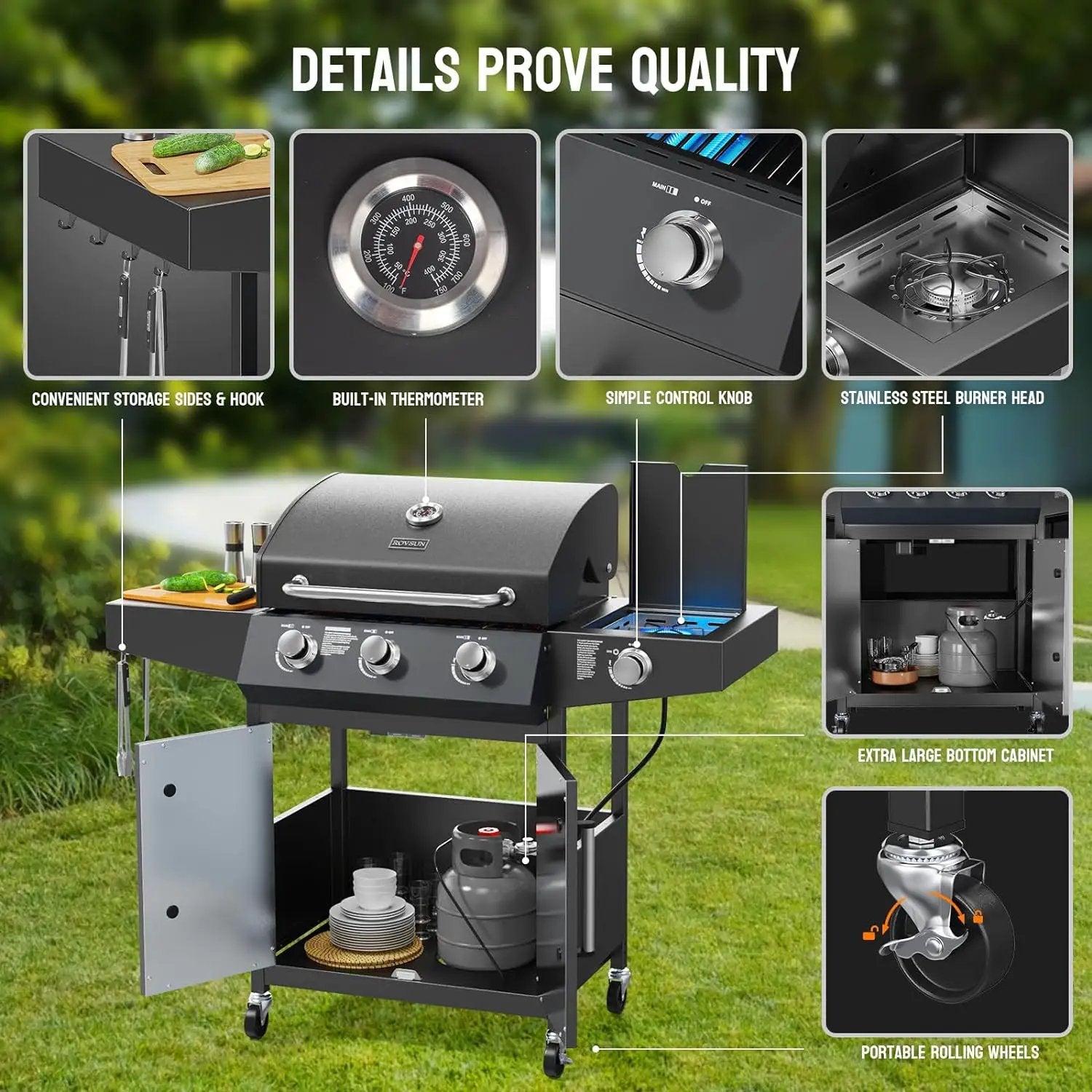 ROVSUN 3 Burner Propane Gas Grill with Side Burner, 46,000BTU BBQ Grills with Enameled Cast Iron Grates, Shelf & Cabinet for Outdoor Garden Patio Backyard Barbecue Cooking by GreenHaven Gardens