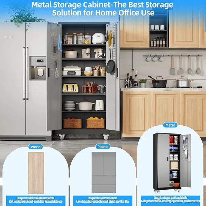 71" H×32" W×16" D Garage Storage Cabinet with Wheels & Pegboard, Locking Metal Storage Cabinet with Doors and 5 Adjustable Shelves & & 4 Hooks for Garage Warehouse Home Office, Black and Gray by GreenHaven Gardens