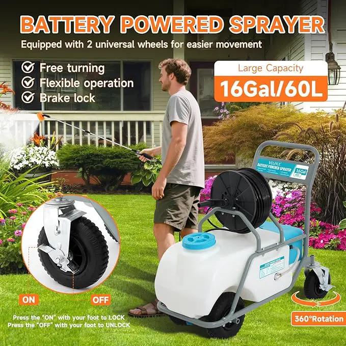 16 Gallon Battery Powered Sprayer,90 PSI Electric Pump,6 Hours Long Battery Life,12V 8Ah Battery,Adjustable HD Wand and 10 Nozzles,Portable Sprayer with Wheels for Lawn & Garden Spraying, Cleaning by GreenHaven Gardens