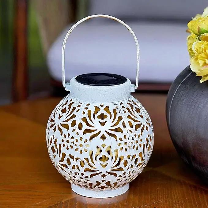 Set of 2 Outdoor Solar Hanging Lantern Lights Metal LED Decorative Lamp for Garden Patio Courtyard Lawn and Table with Hollowed-Out Design (White) by GreenHaven Gardens