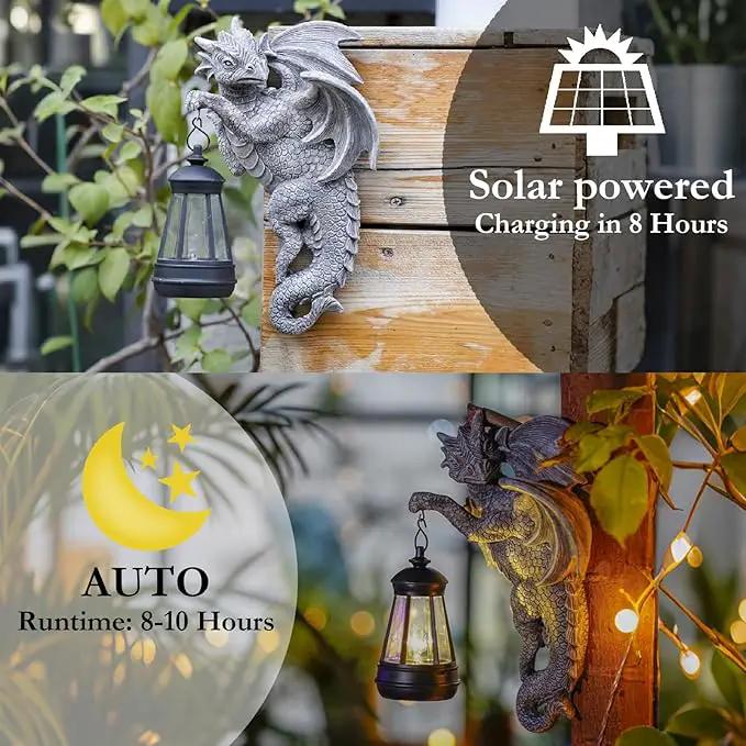 Dragon Statue Solar Lantern for Garden Décor, Dragons Figurine Night Light, 10”Outdoor Decorative Lamp, Mountable on Trees/Walls/Fences. Birthday/Housewarming Gifts for Dragon Fans by GreenHaven Gardens