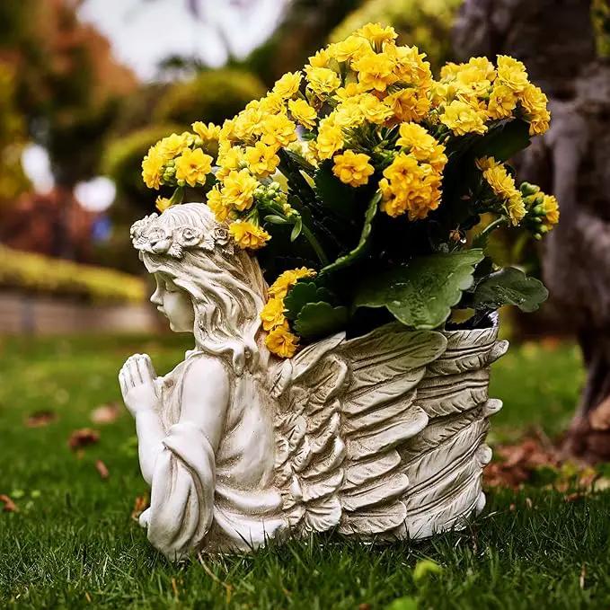 Praying Angel Bust Garden Statue Planters, Angel Wing Planters Pots Mini Vase for Patio, Lawn, Yard Art, Cemetery Grave Decoration, Resin Classical Antique, 8.26" H by GreenHaven Gardens