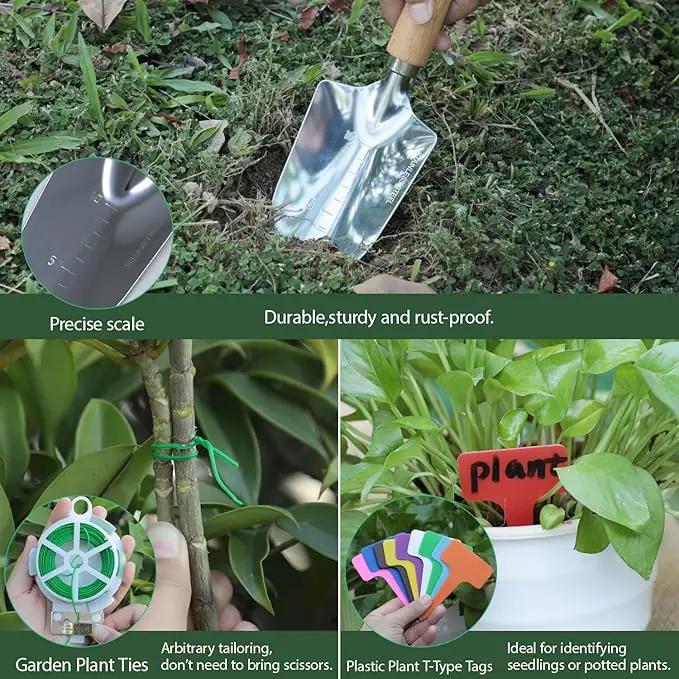 Garden Tool Set, 3 Pieces Gardening Kit with Garden Plant Twist Tie and Plastic Plant Tag, Stainless Steel Heavy Duty Garden Tools with Wooden Handle, Gardening Gifts for Women by GreenHaven Gardens