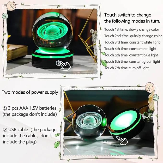 YWHL 3D Crystal Ball with LED Light Base, 3D Laser Engraved Glass Sphere Galaxy Crystal Ball for Home Decorations, Planet Saturn Lamp Gifts for Mother's Day Birthday Christmas (80mm) by GreenHaven Gardens