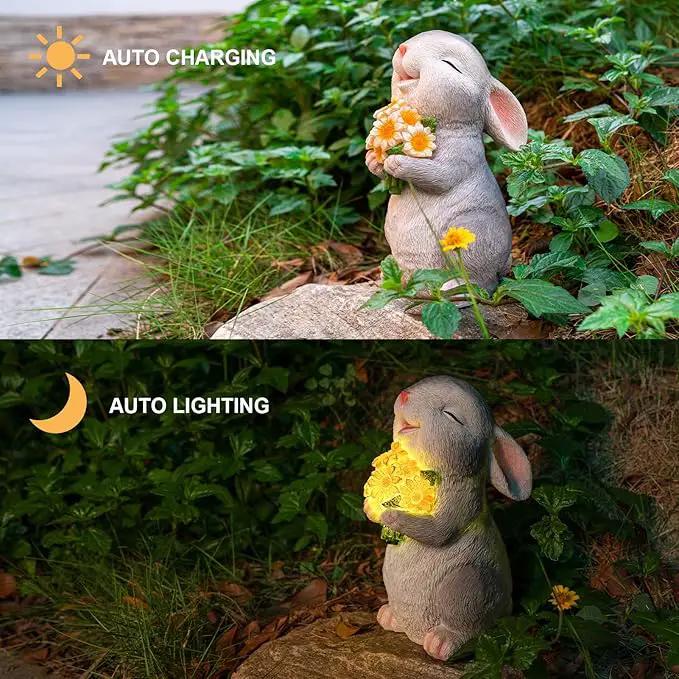 Solar Rabbit Garden Statues Outdoor Bunny Decor Resin Rabbit Figurine Holding Sunflower with LED Lights for Proch Patio Lawn Yard Christmas Housewarming Gardening Gifts for Mom Grandma by GreenHaven Gardens