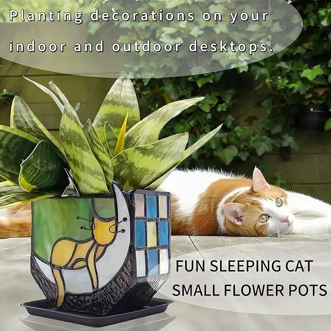 Tiffany Stained Glass Fun Moon Sleeping Cat Planter，Orange Sleeping Cat Cactus Planter，Cute Planters for Indoor Plants,Decorative Flower Pots As Gifts for Cat Lovers，4.6x3x5.15 in by GreenHaven Gardens
