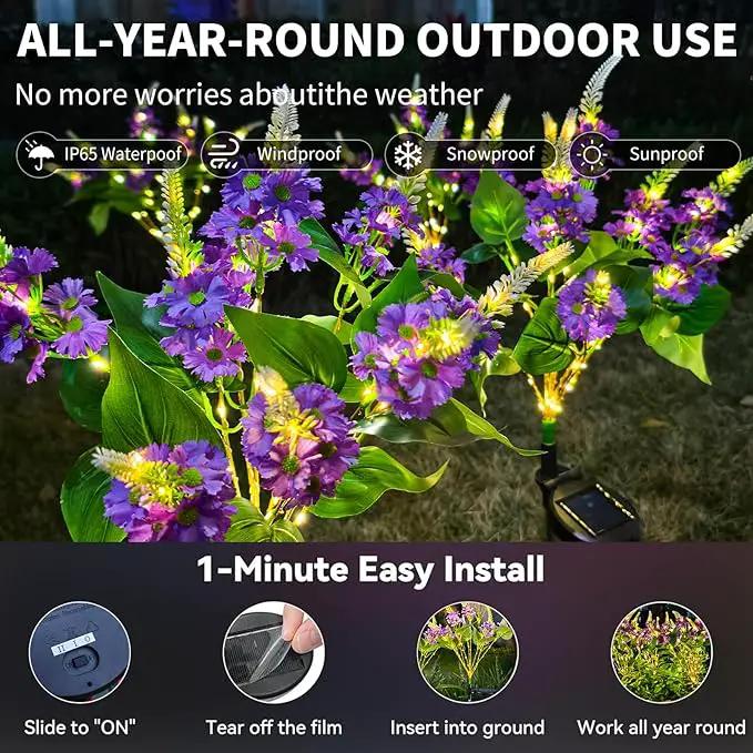 Neporal Solar Flowers Outdoor Waterproof Purple, Lilac Garden Solar Lights Decorative 4PK 8-Stem, 2 Lighting Modes, Solar Powered Garden Decor, Solar Yard Decor by GreenHaven Gardens