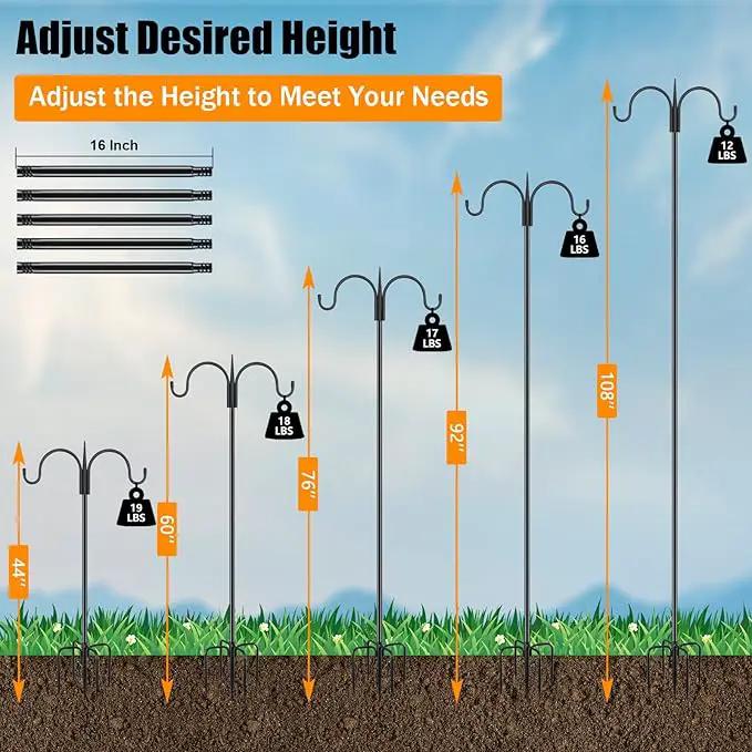 FEED GARDEN Adjustable Double Shepherds Hook for Outdoor with 5 Prong Base 108 Inch Heavy Duty Two Sided Bird Feeder Pole for Hanging Plant Baskets, Solar Light Lanterns, Wind Chimes by GreenHaven Gardens