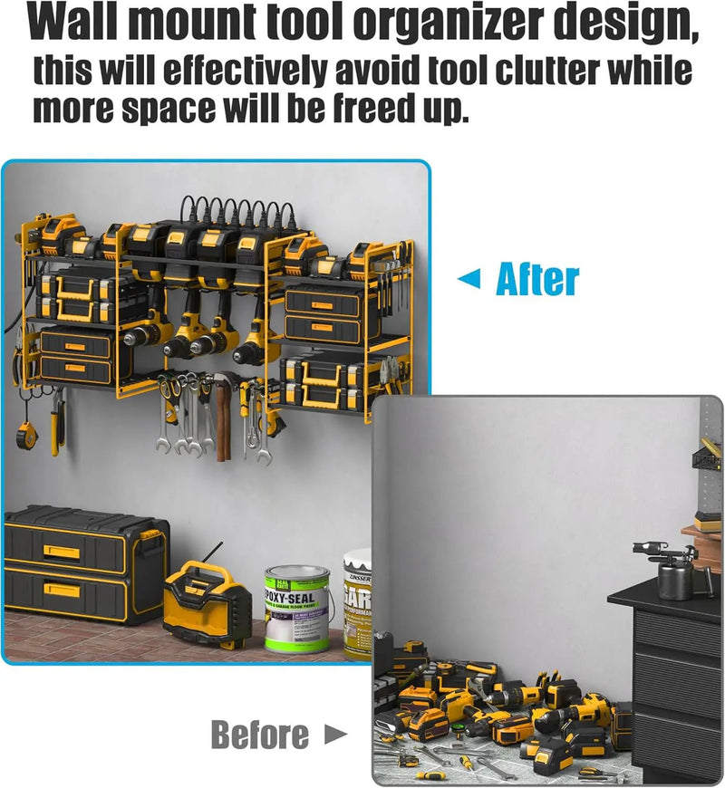 CCCEI Yellow Power Tool Organizer Wall Mount, Large Tools and Battery Storage Rack Charging Station Individual Switches. Drills Holder, Garage Utility Shelves with 6FT Power Strip. Gift for Men. by GreenHaven Gardens