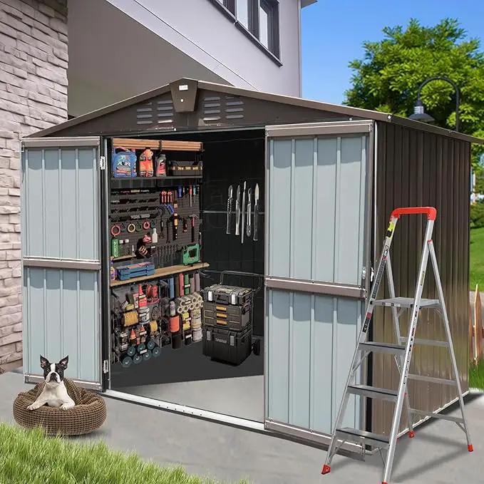 Domi Backyard Storage Shed 8.2’ x 6.2’ with Galvanized Steel Frame,Outdoor Garden Shed Metal Utility Tool Storage Room with Latches and Lockable Door for Balcony Lawn Poolside (Dark Brown) by GreenHaven Gardens