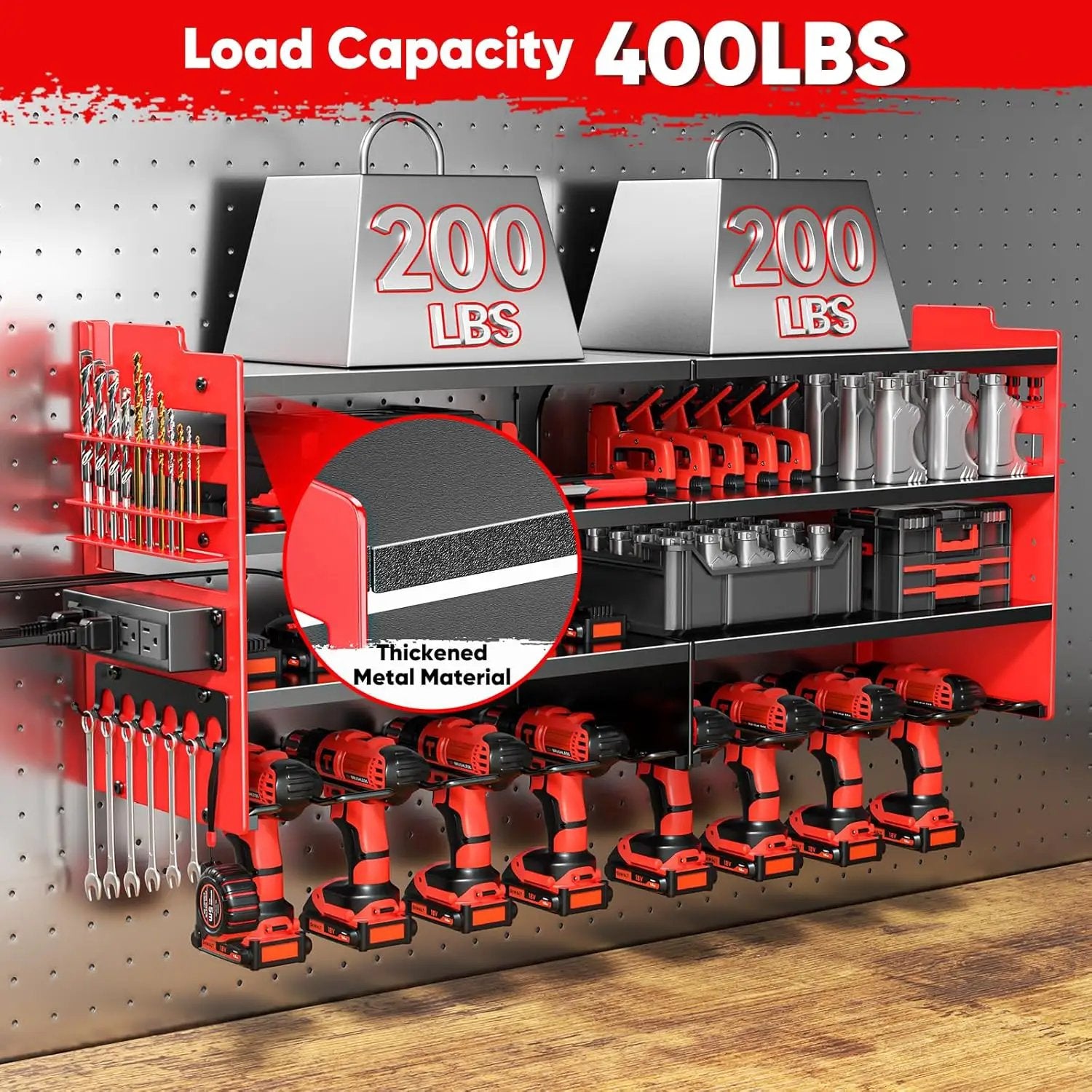Large Power Tool Organizer Wall Mount with Charging Station,4 Layer Heavy Duty Metal Tool Storage Shelf Loads 600lbs,Battery Utility Rack With 4 Outlet Power Strip with 8 Cordless Drill Holder by GreenHaven Gardens