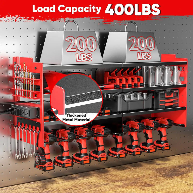 Large Power Tool Organizer Wall Mount with Charging Station,4 Layer Heavy Duty Metal Tool Storage Shelf Loads 600lbs,Battery Utility Rack With 4 Outlet Power Strip with 8 Cordless Drill Holder by GreenHaven Gardens