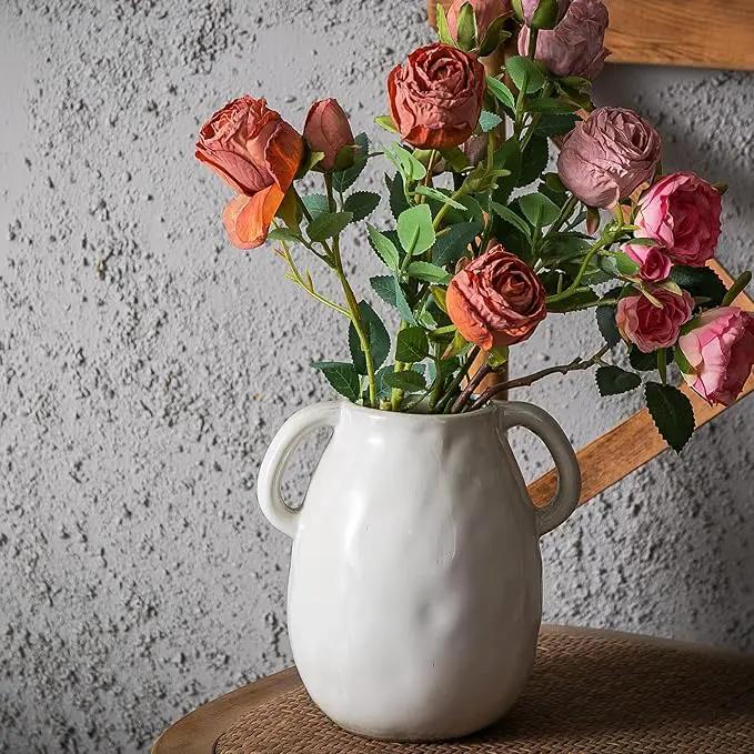 Kimdio White Ceramic Vase with 2 Handles, Modern Farmhouse Vases for Home Decor, Rustic Pottery Vase, Decorative Terracotta Flower Vase, Clay Small Vase, Centerpieces for Dining Table by GreenHaven Gardens