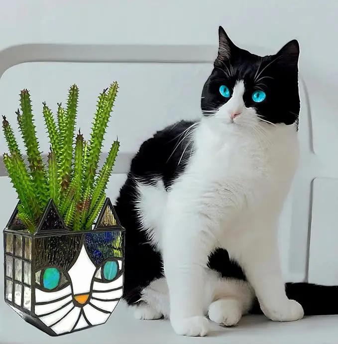 Tiffany Cute Cat Stained Glass Flower Pots,Indoor and Outdoor Plant Displays,Cat Plant Planter,Candle Holder Container Decoration 4.6 x 5.15 x 2.3 inch(11.7 x 13.1 x 5.8 CM)(Without Succulents)Black by GreenHaven Gardens