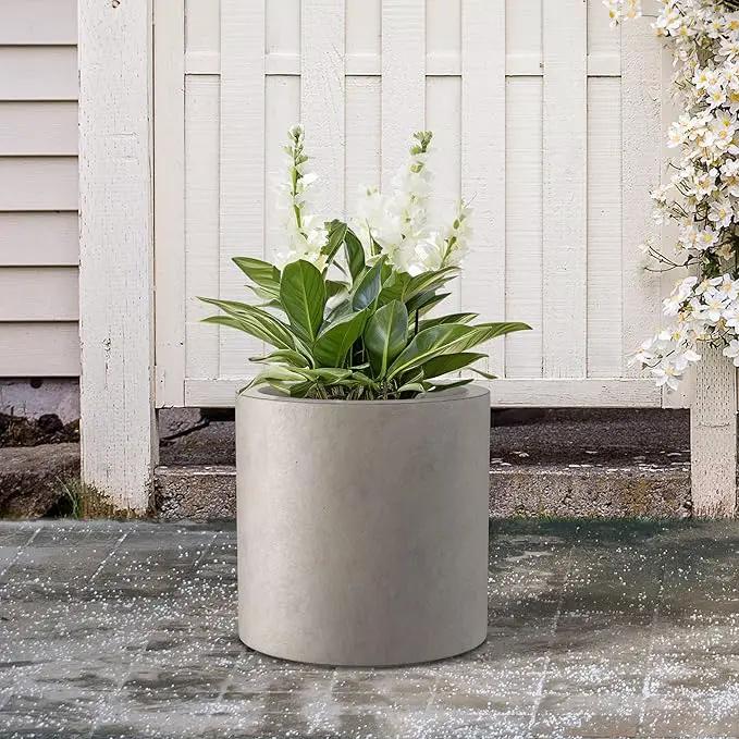 Kante 12.6" Dia Round Concrete Planter, Modern Style Large Cylindrical Plant Pot with Drainage Hole and Rubber Plug for Indoor Outdoor Patio, Weathered Concrete by GreenHaven Gardens