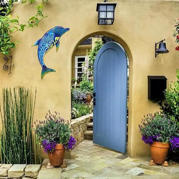 John's Studio Dolphin Wall Decor Outdoor Metal FIsh Sea Hanging Art Glass Sculptures Home Ocean Theme Decorations for Living Room, Bedroom, Yard, Fence and Patio - 17.5 Inches by GreenHaven Gardens