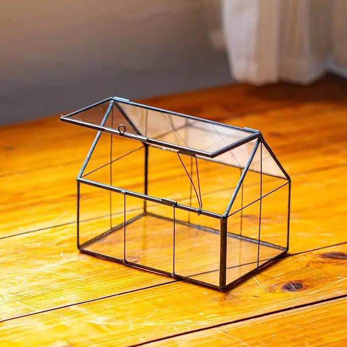 NCYP Mini Glass Terrarium with Lid - 6.1" x 4.25" x 4.92" House Shape Closed Planter Pot for Small Cactus, Succulents Plant - Home Garden Office Tabletop Geometric Decor, Black (Terrarium Only) by GreenHaven Gardens