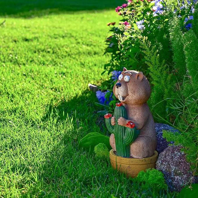 Solar Groundhog Garden Statue with LED Lights - Resin Cactus Planter Ornament for Outdoor Decor, Lawn, Patio, Yard, and Balcony, Unique Garden Gift for Women, Mom, and Grandma by GreenHaven Gardens