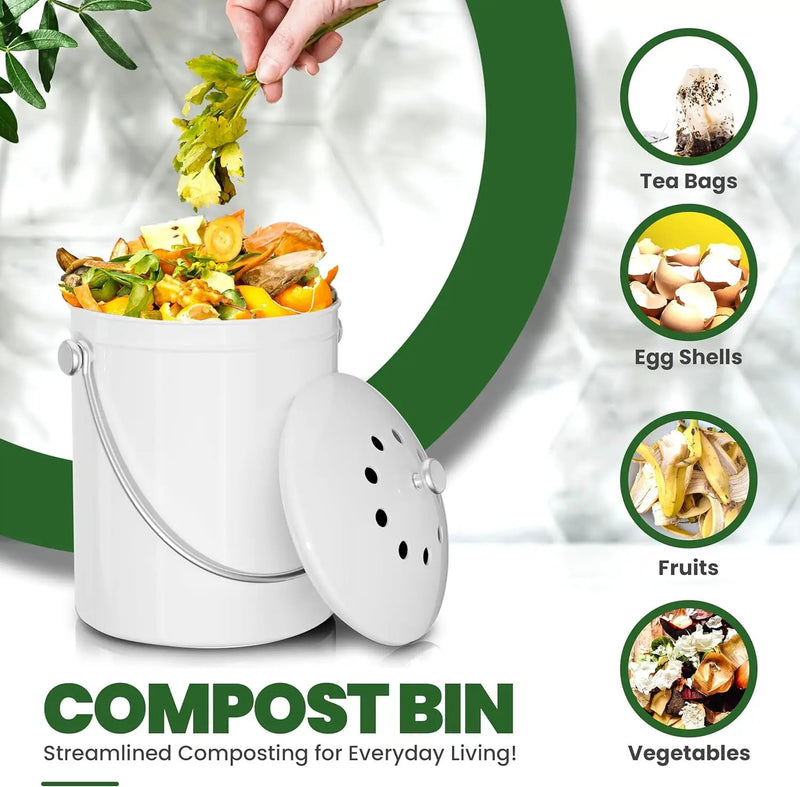 Utopia Kitchen Compost Bin for Kitchen Countertop, 1.3 Gallon Compost Bucket for Kitchen with Lid, Includes 1 Spare Charcoal Filter (White) by GreenHaven Gardens