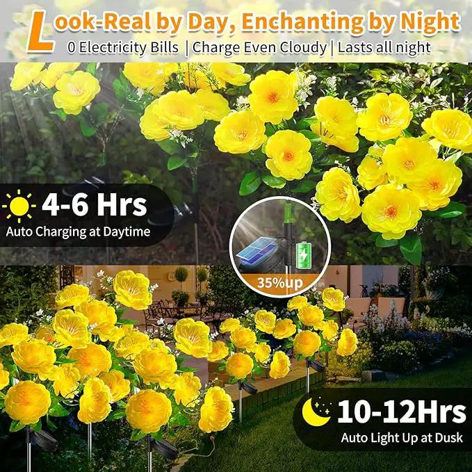 Neporal Solar Flowers Outdoor Waterproof, 4PK 7-Stem Yellow Camellia with 2 Lighting Modes & Romantic Warm Light, Solar Lights Outdoor Decorative for Garden, Yard, Pathway, Gardening Gifts for Women by GreenHaven Gardens