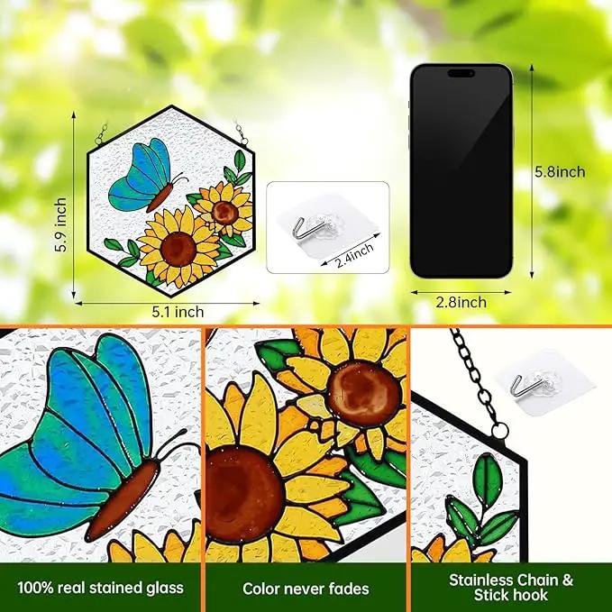 Butterfly Sunflower Stained Glass Suncatchers Windows Hanging Decorative,Hand Paint Sun Sunflower Catchers Indoor Ornaments with Stick Hook,Memorial Gifts for Mom/Women by GreenHaven Gardens