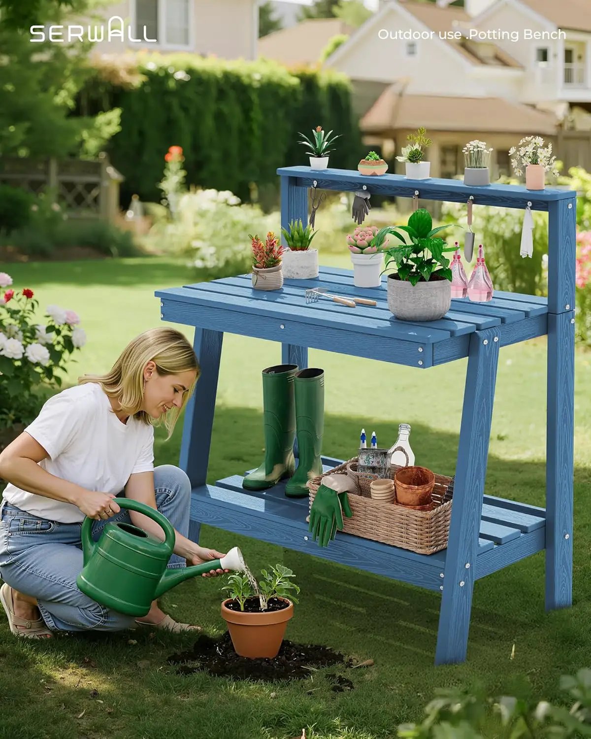 SERWALL Potting Bench Outdoor with Storage, 3-Tier HDPE Gardening Table with Angled Legs & Tool Hooks, All-Weather Heavy Duty Potting Table for Patio, Backyard, Garden, Blue by GreenHaven Gardens