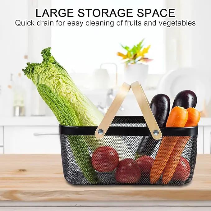 Portable Garden Harvest Basket-Mesh Design Natural Bamboo Handle Wire Storage Baskets,Mesh Basket with Handle Organize Items Reduce Space Occupation,Suitable for Kitchen,Garden,Picnic(Black) by GreenHaven Gardens