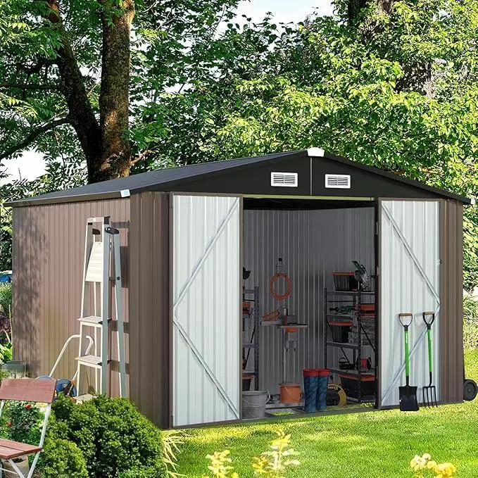Aoxun 9.4x7.3x6.5 FT Outdoor Storage Shed, Garbage Can, Outdoor Metal Shed for Tool, Garden, Bike, Placed in Patio, Garden Brown Base Included by GreenHaven Gardens