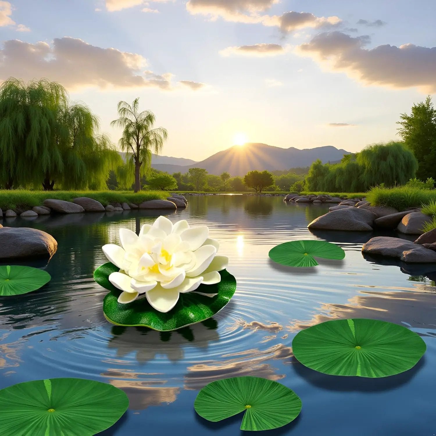 2Pcs White Artificial Floating Foam Lotus Flowers with Water Lily Pad Ornaments,Perfect for Patio Koi Pond Pool Aquarium Home Garden Wedding Party Holiday Decoration Water Gardens and Ponds by GreenHaven Gardens