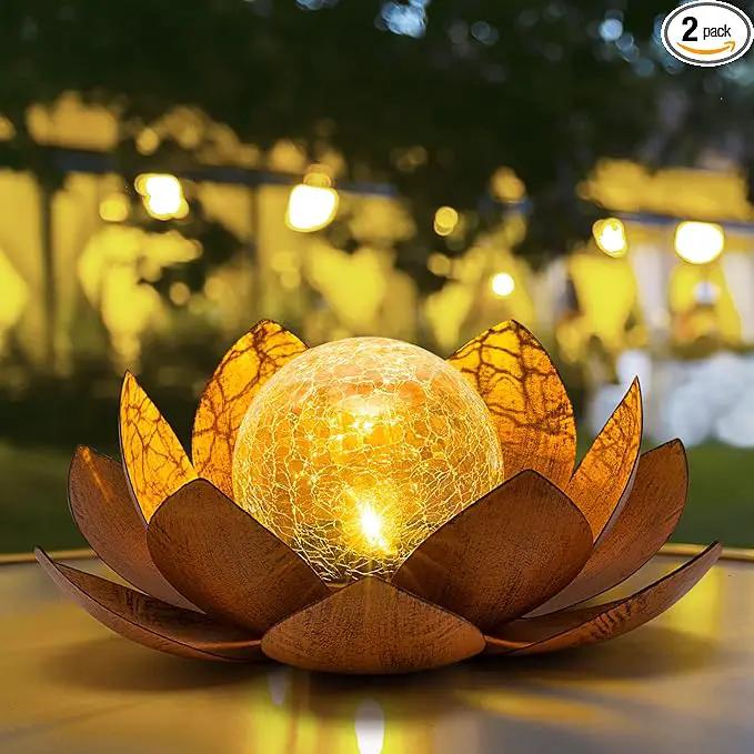 Solar Light Outdoor(2Pack), Art Crackle Globe Glass Lotus Decoration, Solar LED Waterproof Metal Flower Lights for Patio,Lawn,Walkway,Tabletop by GreenHaven Gardens