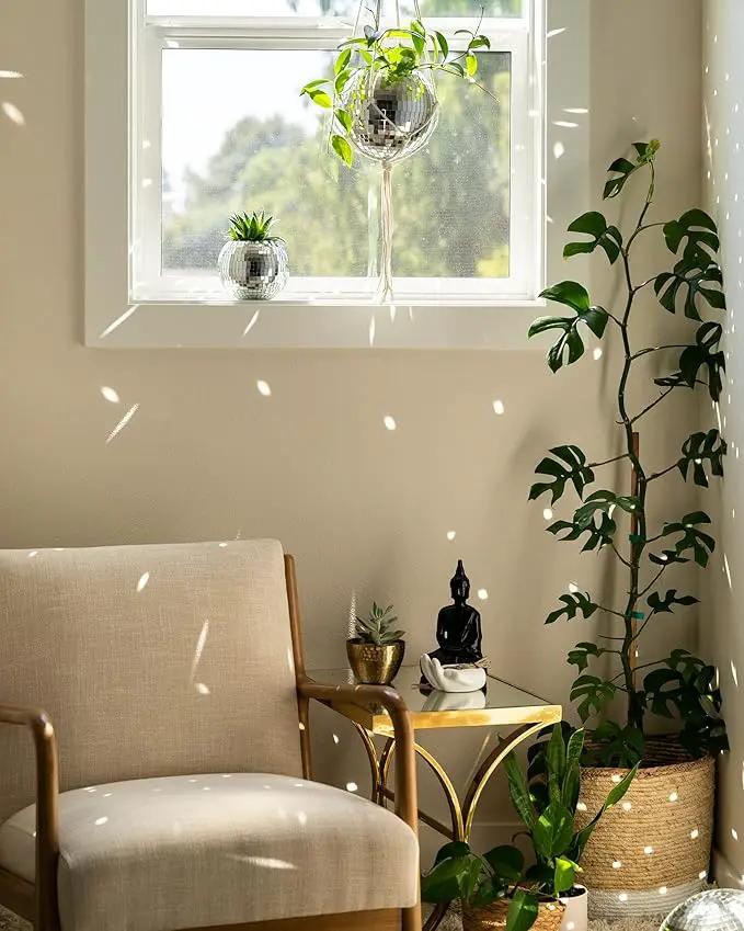 Hanging Disco Ball Planter 8" - with Acrylic Stand and Macrame Plant Hanger - Home Décor, Room Décor, Mirror Disco Planter, Disco Decor (6" with White Hanger, Flat Base) by GreenHaven Gardens