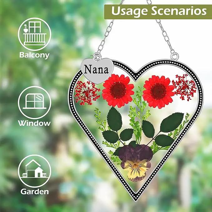 KY&BOSAM Heart Suncatcher Nana Gift for Nana Stain Glass Wind Chime for Window Pressed Flower Between Heart Glass Metal Engraved Charm Gift for Mother's Day Valentine's Birthday Thanksgiving Christmas by GreenHaven Gardens