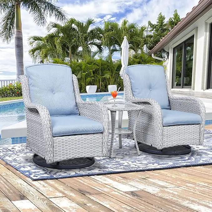 Outdoor Patio Swivel Rocker Chairs - Wicker Rattan Patio Swivel Rocking Chairs Set of 2 with High Back,Deep Seating and Comfort Cushions for Deck Porch Garden,Light Grey/SkyBlue by GreenHaven Gardens