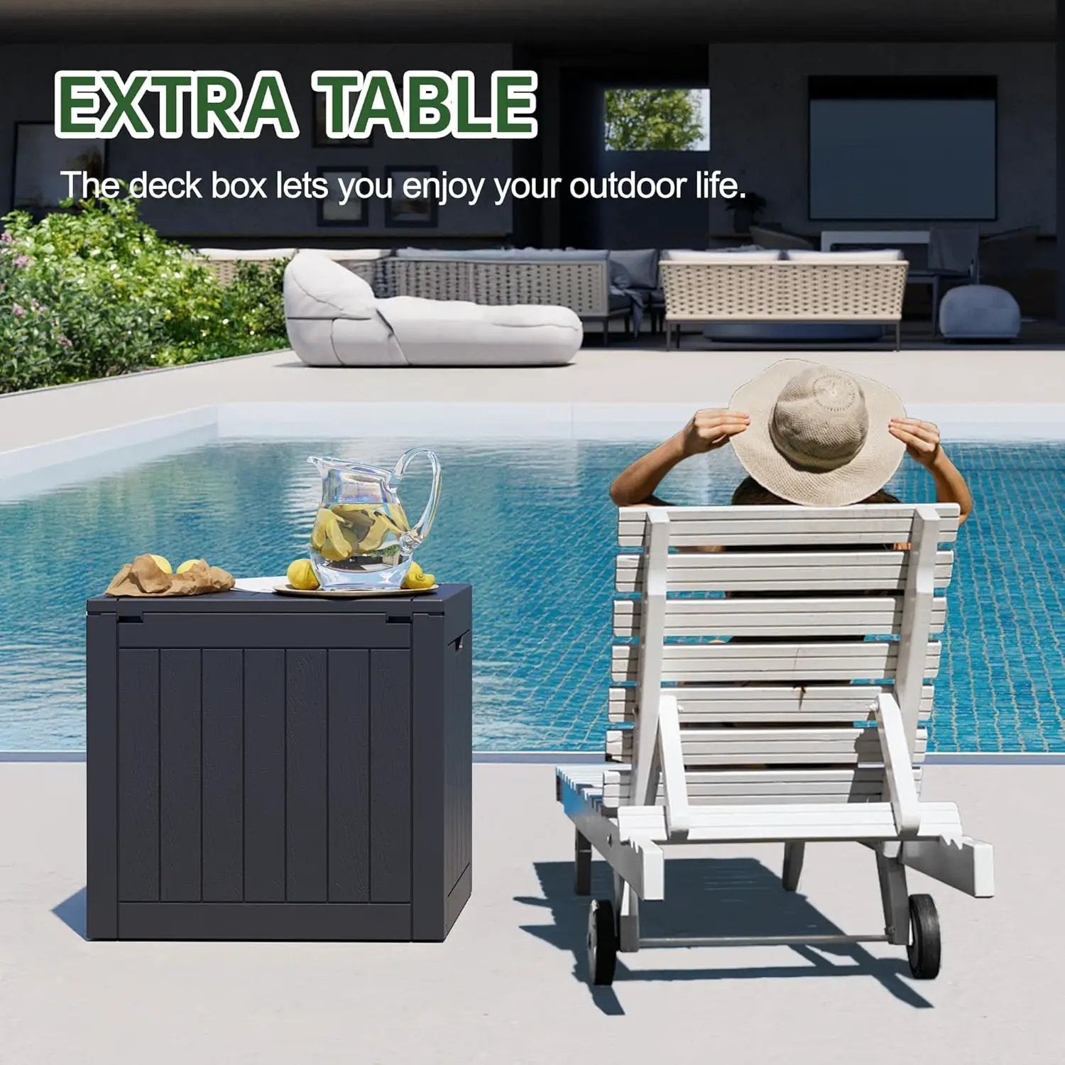 KAMABOKO Deck Box, 35 Gallon Resin Indoor and Outdoor Storage Boxes Waterproof for Garden Tools, Pool Accessories Storage Bench, Patio Furniture and Cushions with Lockable Lid, Black by GreenHaven Gardens