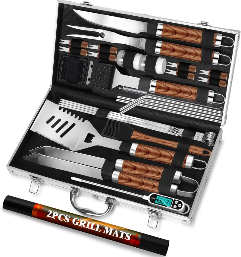 ROMANTICIST 30pcs BBQ Grill Tool Set for Men Dad, Heavy Duty Stainless Steel Grill Utensils Set, Non-Slip Grilling Accessories Kit with Thermometer, Mats in Aluminum Case for Fathers Day Brown by GreenHaven Gardens