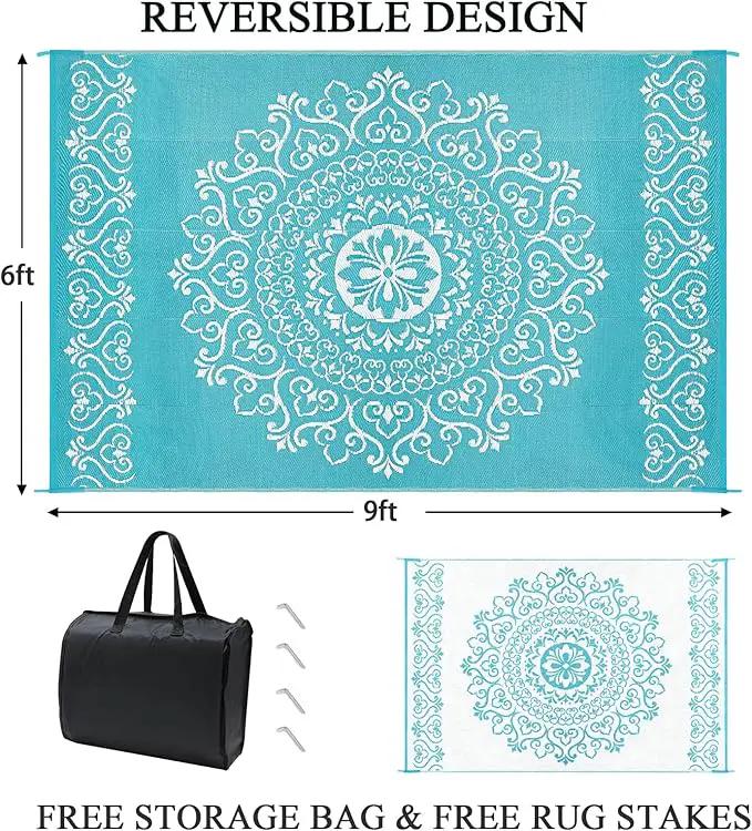 Pauwer Waterproof Outdoor Rug 6x9, Reversible Plastic Straw Patio Camping Rug, Indoor Outdoor RV Mat Carpet for Deck, Camper, Porch, Balcony, Backyard, Picnic, Floral Teal by GreenHaven Gardens