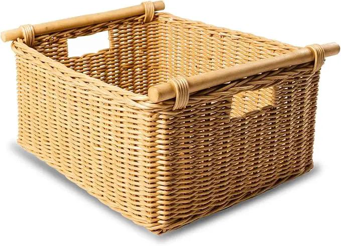 The Basket Lady Pole Handle Wicker Storage Basket, Large, 18 in L x 14.5 in W x 9 in H, Sandstone by GreenHaven Gardens