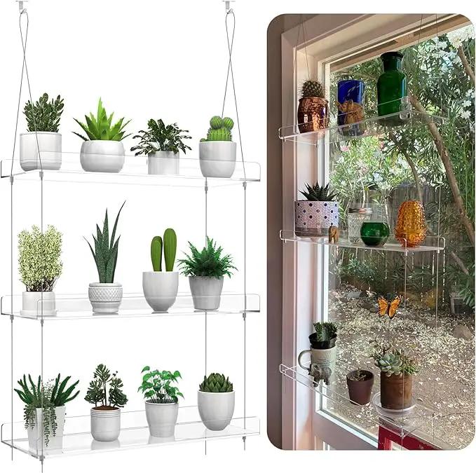 3-Tier Hanging Clear Plant Shelves for Windows, Acrylic Window Wall Plant Stand Shelf for Kitchen Indoor Gardens, Flower, Succulents, Herb, Seedling Organization, and Pots Display, 16 Inch per Tier by GreenHaven Gardens