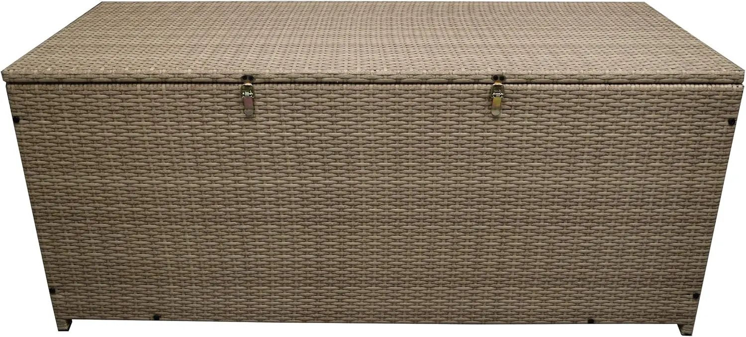 Oakland Living Tan Indoor and Outdoor Balcony Patio Deck Porch Pool 113 Gallon Wicker Storage Box Trunk Bin with Metal Frame by GreenHaven Gardens