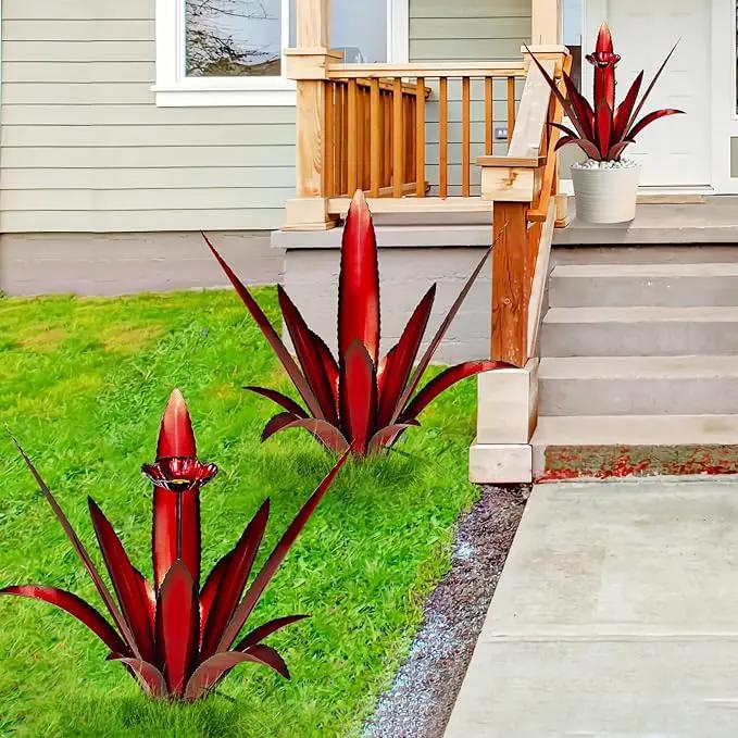 Upgraded Large Metal Yard Art, Metal Agave Plant Yard Decorations Outdoor Sculpture, Metal Flowers for Outside, Waterproof Outdoor Garden Decor (Red + Bird Feeder) by GreenHaven Gardens