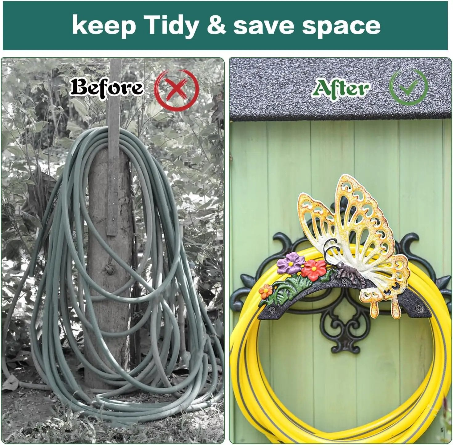 Sungmor Cast Iron Garden Hose Holder, Heavy Duty Wall Mounted Hose Hanger, Decorative Butterfly Water pipe Organizer, Hose Reel Rack for Outside, Garden Yard Decor by GreenHaven Gardens