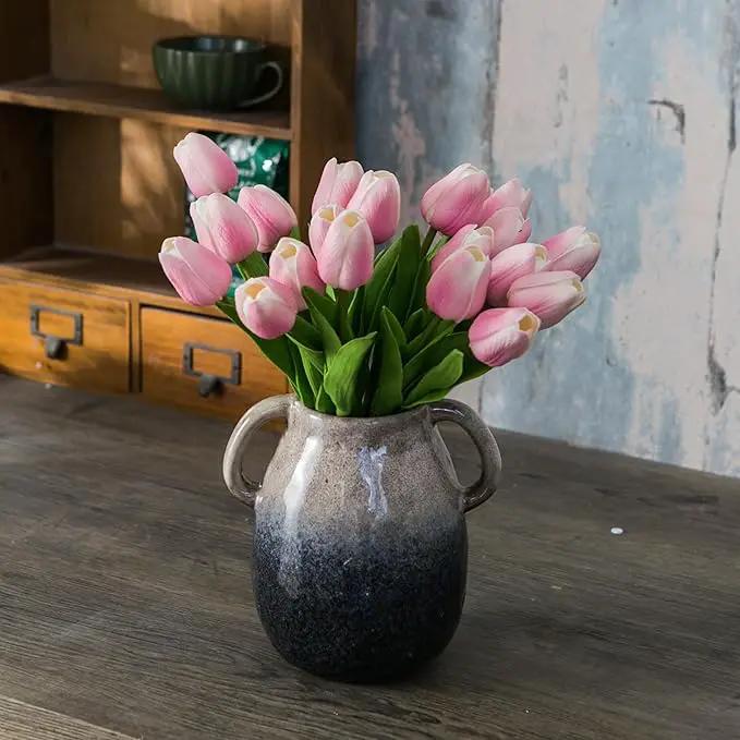 Brown Gradient Ceramic Vase with 2 Handles, Modern Farmhouse Decor, Rustic Terracotta Pottery, Decorative Flower Vases, Clay Small Vase, Centerpiece for Dining Table - 7 Inch Tall by GreenHaven Gardens