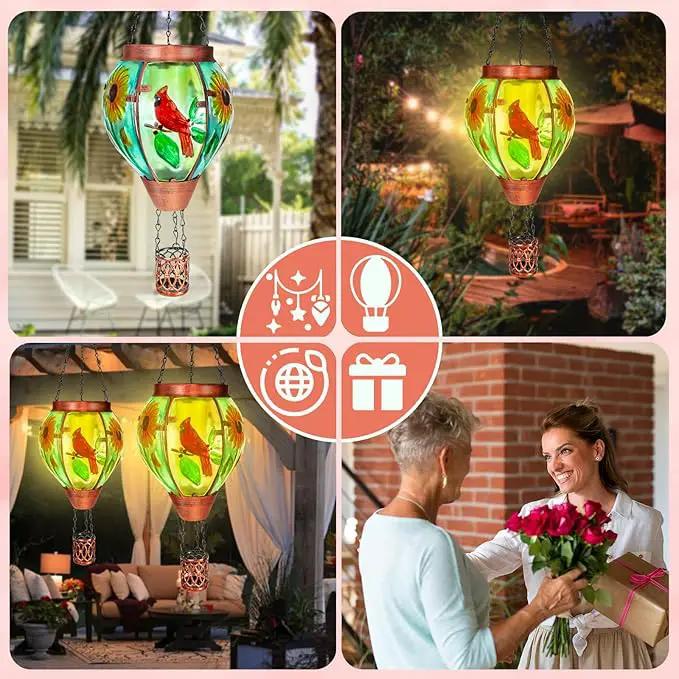 Solar Hot Air Balloon Lantern with Flame， Cardinal Glass Solar Hanging Lights Outdoor Yard Patio Farmhouse Decoration, Cardinal Gifts for Women Grandma Mom - Cardinal by GreenHaven Gardens