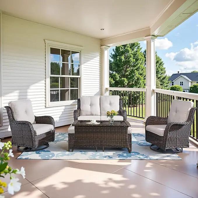 Wicker Outdoor Furniture Patio Furniture Set - 6 Piece Patio Conversation Set with Swivel Rocker Chairs, Loveseat Sofa, Ottomans and Coffee Table, Beige Cushion by GreenHaven Gardens