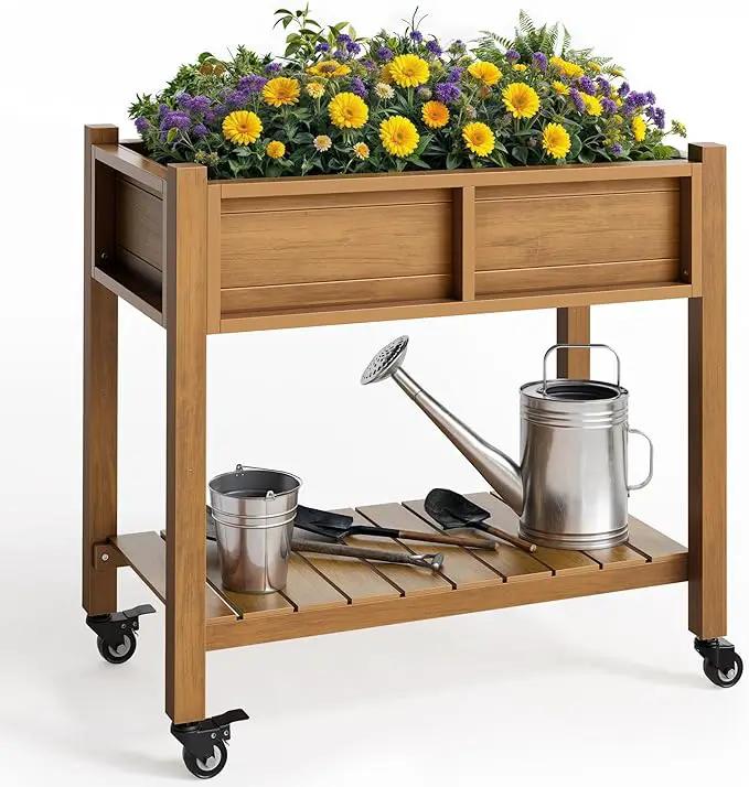 YITAHOME Raised Garden Bed, HIPS Poly Wood Elevated Planter Box with Shelf & Wheels for Mobility, Small Flower Box Stand for Patio Balcony Garden Backyard, Teak by GreenHaven Gardens